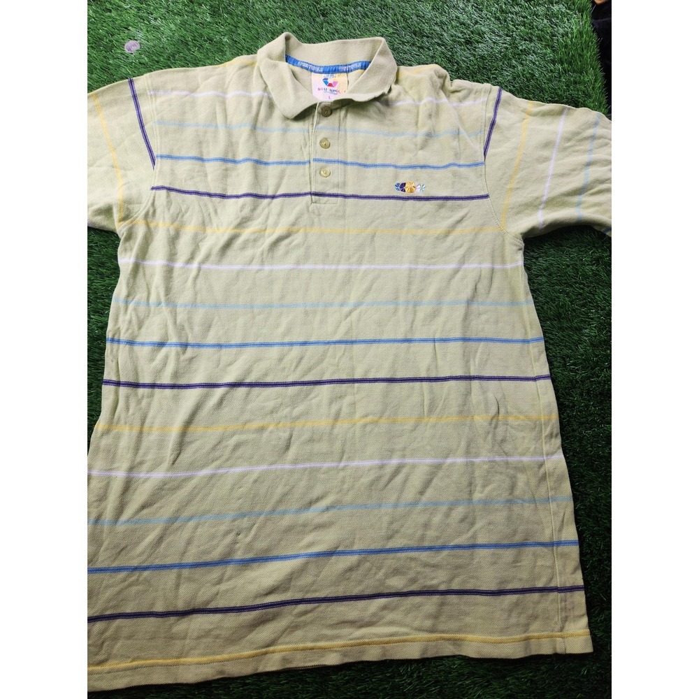 Southpole Polo Shirt Mens L Green Striped Short Sleeve Cotton Logo Casual‎